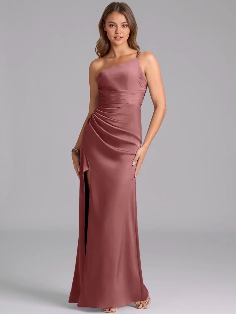 Azazie One-Shoulder Satin Gown in Dusty Rose